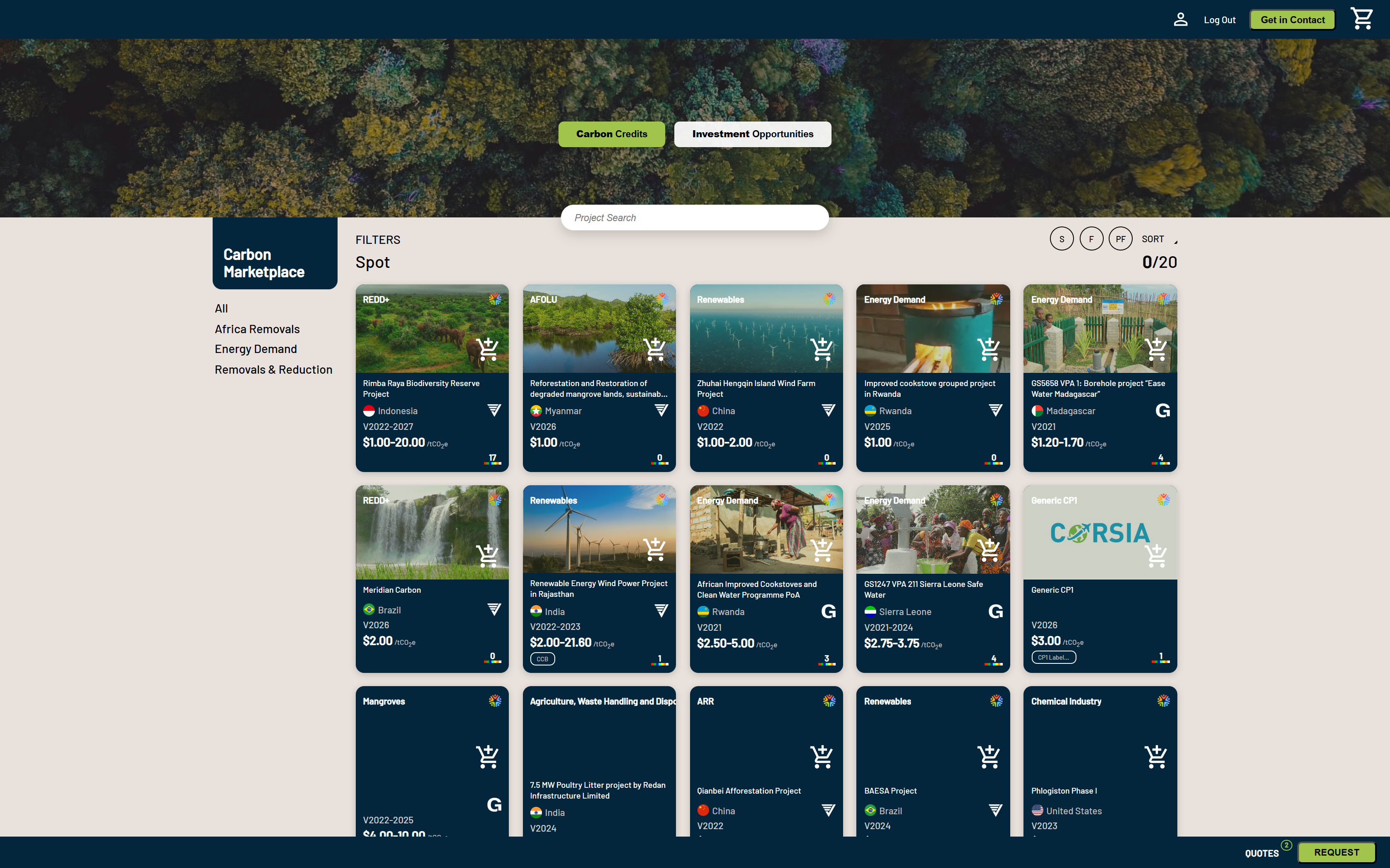 A white-label Carbon Marketplace storefront. Click to enlarge. A white-label Carbon Marketplace storefront: a branded e-commerce site of carbon credits with category filters, Spot and Investment tabs, project cards and an RFQ basket.