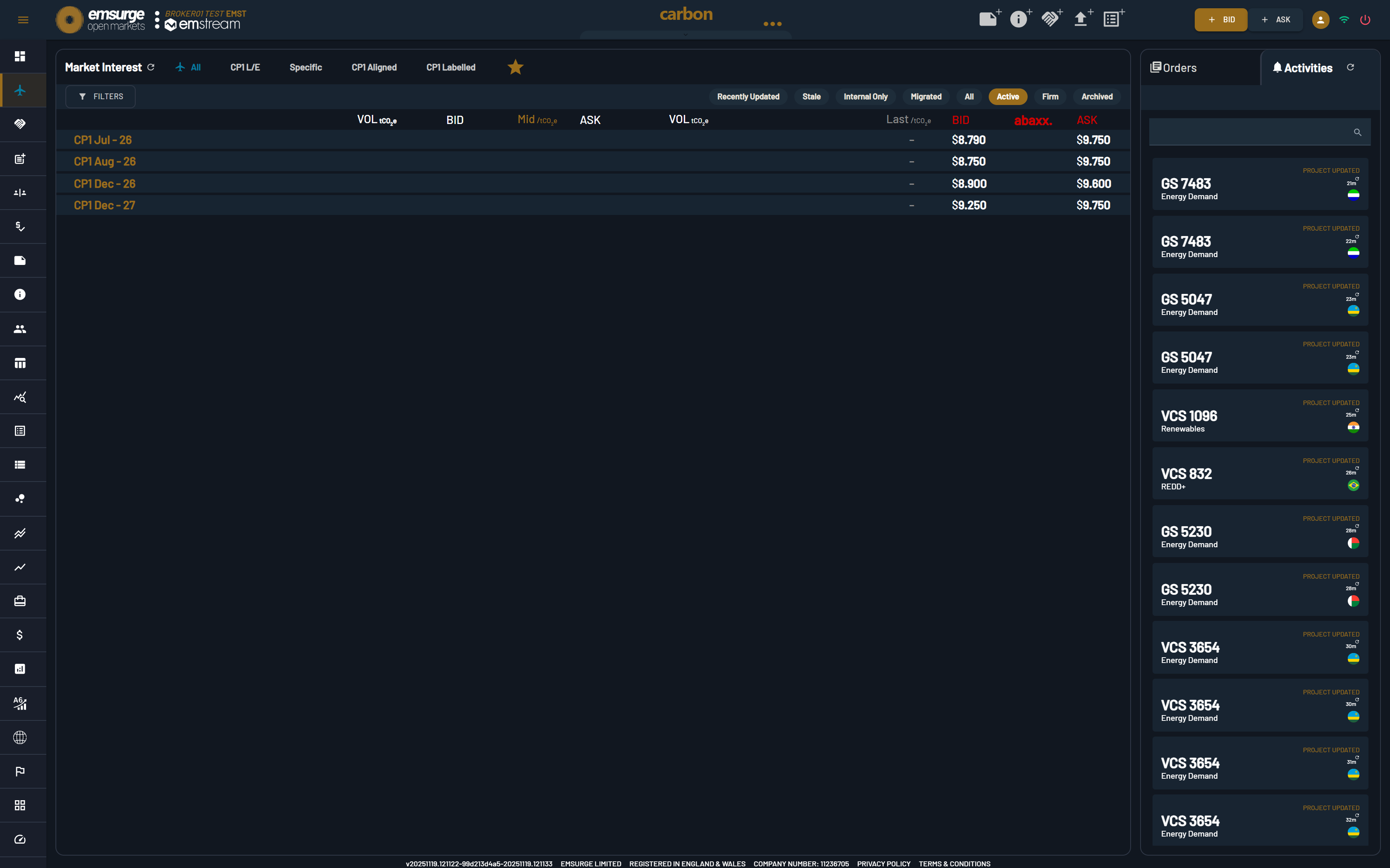 The CORSIA screen — a bid/ask view for CORSIA-eligible carbon. Click to enlarge. The EOM CORSIA screen: a traditional bid/ask market view for CORSIA-eligible carbon, with monthly contract rows (CPI Jul, Aug and Dec) showing bid and ask prices.