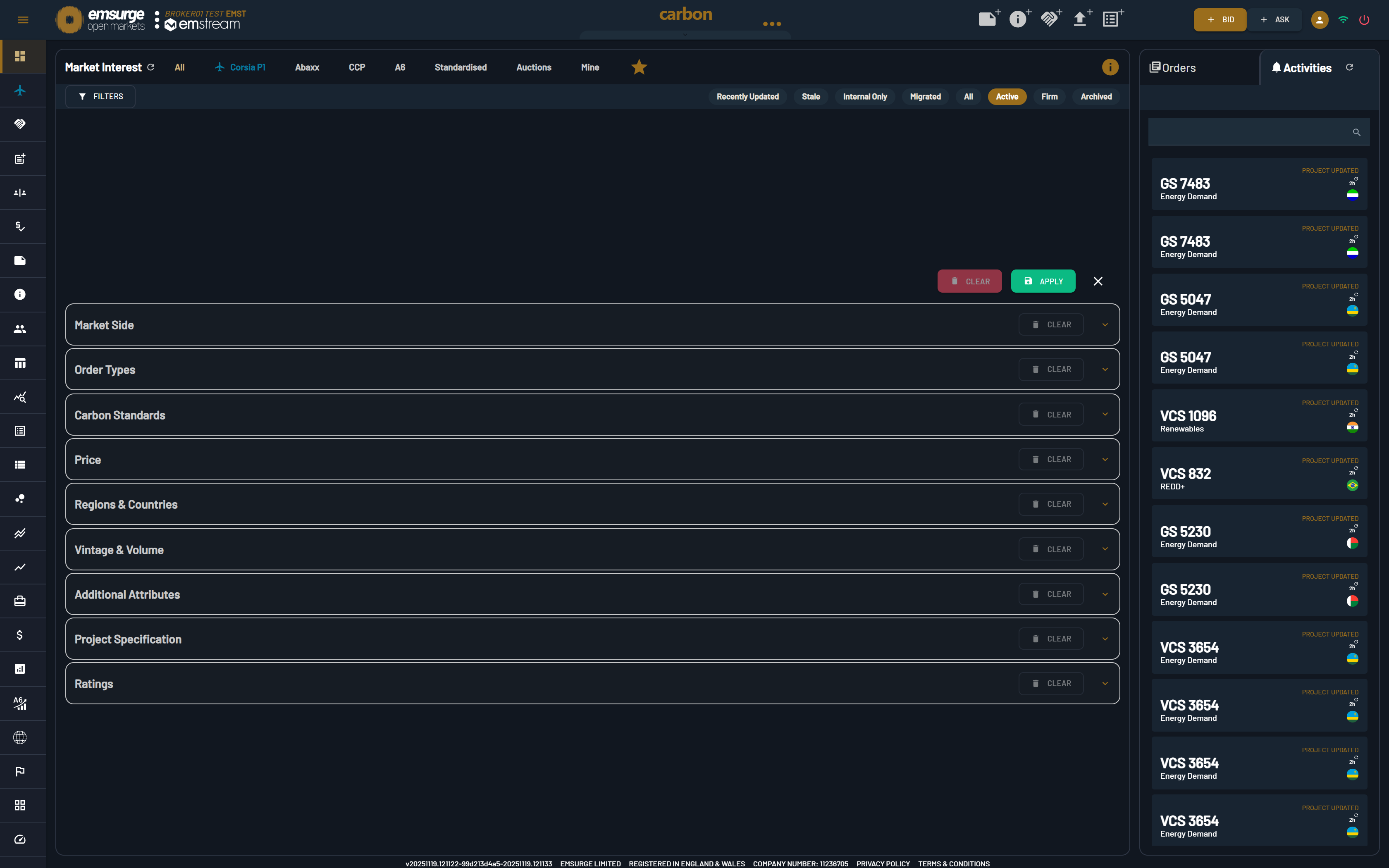 Market Interest filters — slice the live book any way you trade. Click to enlarge. The Market Interest filter panel in EOM: slicing the live carbon book by market side, order types, standards, price, regions, vintage, attributes, project specification and ratings.