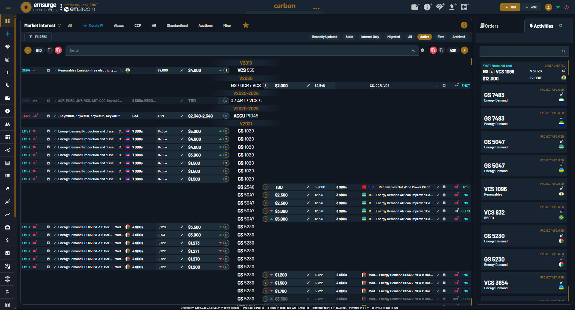 EOM Market Interest — the live market your AI assistant reads. Click to enlarge. EOM's Market Interest dashboard: a live grid of carbon bids and asks grouped by standard and vintage, with a running order-activity feed — the live market an AI assistant reasons over.