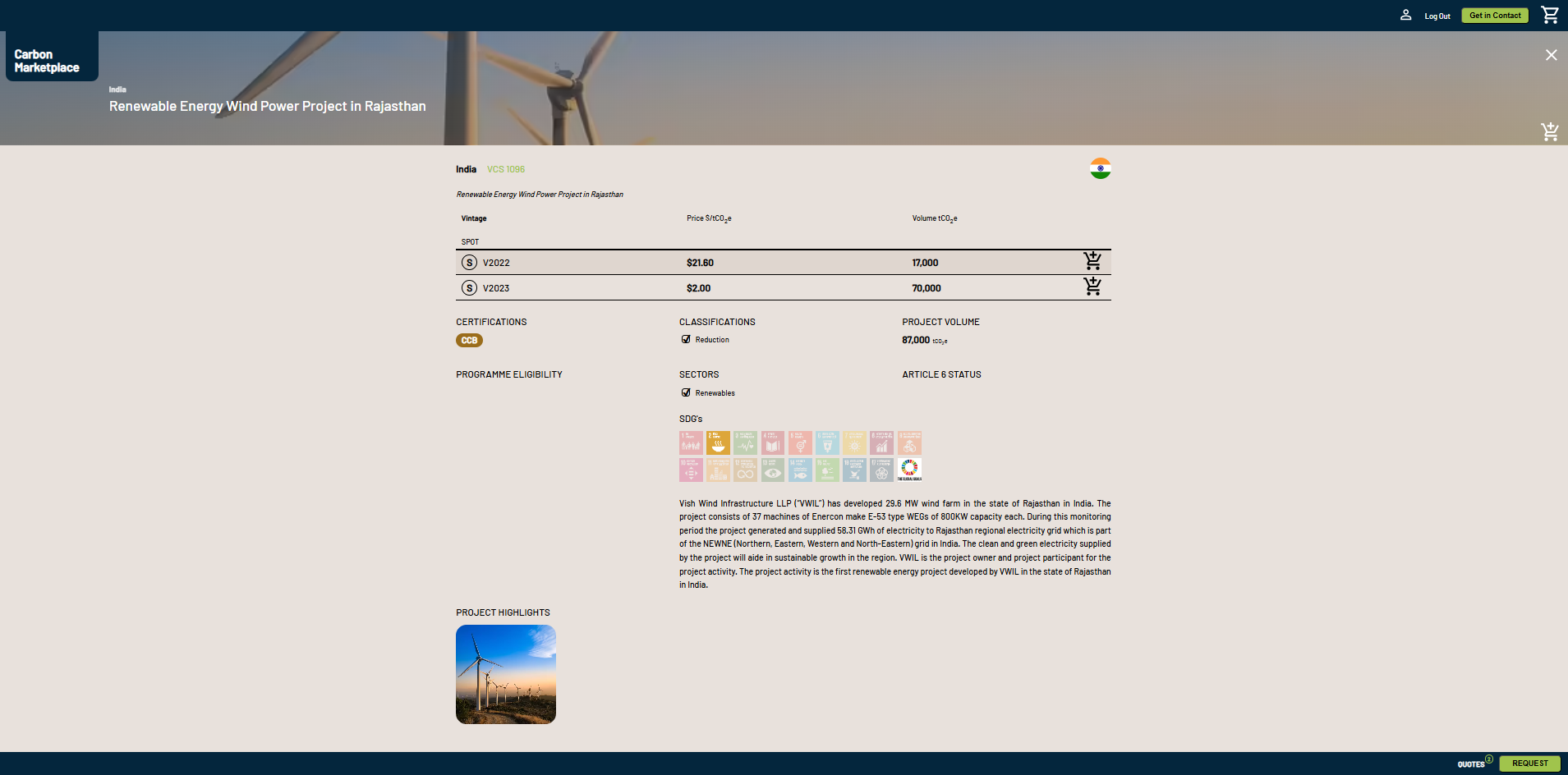 A marketplace project page: a Renewable Energy Wind Power Project in Rajasthan, with per-vintage price and volume, certifications, classifications, sectors, project highlights and a project image — plus add-to-basket and request-a-quote.